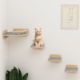 Megidok Cat Wall Furniture Corner Climbing Shelf Perches, Cat Bed Wall Mounted with 3 Wide Steps,Modern Floating Stairs for Wall Indoor Cats up to 22 Lbs for Cat - Wood Color
