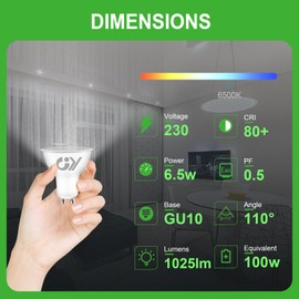 GY GU10 LED Bulb 6.5W 1025lm Cool White 6500K Energy Saving LED Bulb, The New UK Energy Efficiency Class B Replaces 90W Halogen, 110°Beam Angle Non-Dimmable, 10 Pack