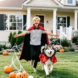 4Pcs Vampire Family Halloween Costume Set, Matching Costume for Human & Medium and Large Dog Cat Cape Cloak for Devil Cosplay with Bow (47-Inch)