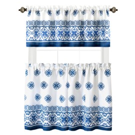 Newbridge Fabric Kitchen Window Curtains, 36 Inch Long Tier Pair and Valance Set, Blue Mediterranean, Indoor Stain Resistant No-Iron Fabric Kitchen Curtains, Blue Tile Border