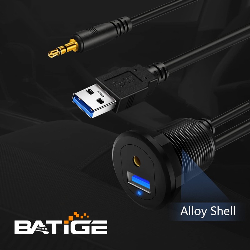 BATIGE Alloy USB 3.0 AUX DC3.5mm Port Car Mount Flush