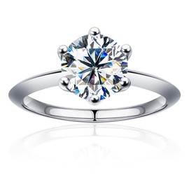 SAMIOVJ Moissanite Rings for Women, D Color Round Solitaire Lab Created Diamond Ring 18K White Gold Plated 925 Sterling Silver 6 Prong Moissanite Engagement Ring