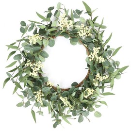 18 inch Artificial Spring Summer Greenery Wreath Front Door Decoration Eucalyptus Leaves Wreath with Berries Greenery Wreath for Wall Window Festival Farmhouse Garden Outside Decorations for Door