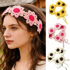 Boho Headbands Crochet Hair Bandanas Floral Head bands Hippie Black Hair Scarfs Tie Back Head Kerchief Knitted Solid Color Hairband Fashion Hair Accessories for Women 3Pcs (Sunflower)