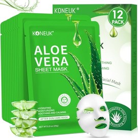 KONEUK 12 Pack Aloe Vera Face Masks Skincare, Sheet Aloe Hydrating Face Mask for Sunburn Relief and After Sun Care, Bulk Aloe Vera Face Mask for Spa P