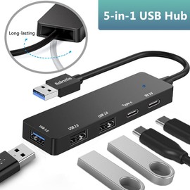 USB Hub 5 Ports, Multi-Port Hub with USB 3.0, USB A Splitter for Laptop with USB C Data Port, Portable USB Mini Multiport Expander for Laptop, PC, HDD, Desktop, HP, Dell XPS, etc