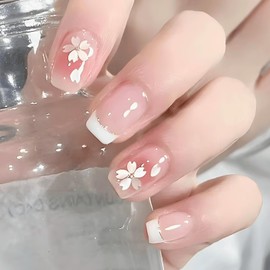 COLORBIRD Nail Tips, Short, 24 Pieces, Pink, Flowers, French Nails, French, Nail Tips, Short, Cute, Square Off (R532)