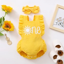 Shalofer Baby Girls One Year Old Outfits First Birthday Romper Cute Backless Ruffles Jumpsuit with Headband (Yellow-Sun,12-18 Months)