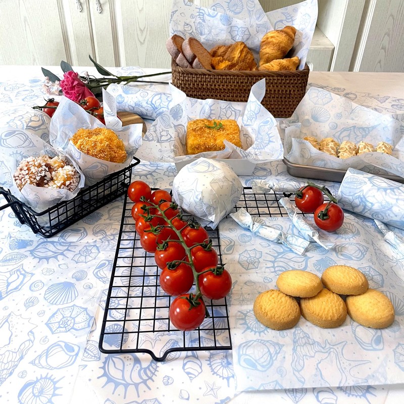 Blue Sea Shell Patterned Wax Sheets Deli Wraps Tray&Basket Liner