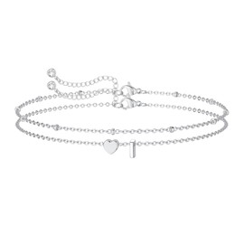 IVELECT Layered Heart Initial Bracelet for Women - Adjustable Beaded Chain, Initial A-Z Bracelet Jewelry, Birthday Valentine Graduation Gift (Silver/White Gold Tone) (I)