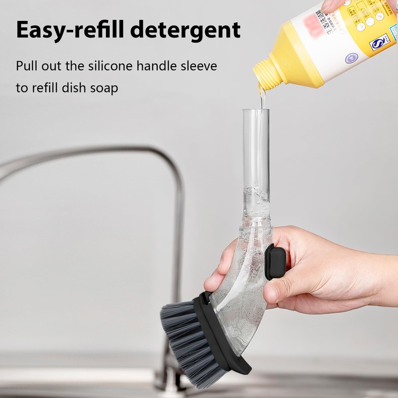 DAPOWER Soap Dispensing Dish Brush with Handle, Kitchen Scrub Brush