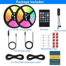 Vbakor RV Awning Lights, 33FT RV Underglow Led Lights Kit, 12V Multi-Color Exterior Neon Accent Underbody Strip Lights for Camper Motorhome with Extension Cable, Music Sync, Waterproof