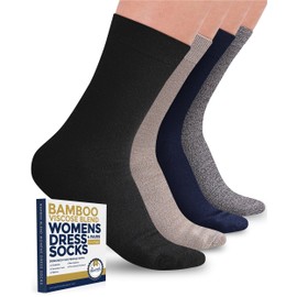 Pembrook Bamboo Viscose Dress Socks Women - 4 Pairs Crew Thin Socks Women | Moisture Wicking Womens Trouser Socks, Black, Navy, Beige, Brown, Medium