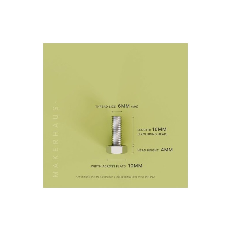 MAKERHAUS M6x16 Hex Bolt Set (4 Pack) Nut & Washer