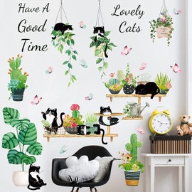 WETARENDA Wall Stickers Green Leaves Cat Stylish Plant Wallpaper Sticker Wall Sticker Butterfly Wall Sticker Spring House Plant Wall Sticker Room Decoration Waterproof Cute Wall Decor Removable PVC Material Interior DIY Sticker Nordic Style Nordic Style 