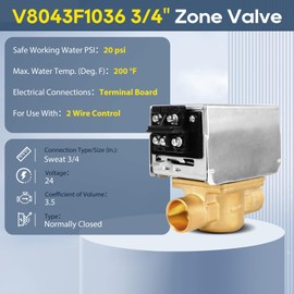 V8043F1036 Zone Valve for Honeywell, Replaces V8043F1093 40003916-048/U Replacement Head Actuator 2-way 4-Wire 24V Motor Normally Closed 3/4 Sweat Connection, Screw Terminal Board Connection