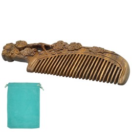 Handmade Natural Sandalwood Hair Combs Anti-Static Sandalwood Scent Natural Hair Wooden Comb with Storage Bag Portable Travel for Massaging Scalp Women (Green Sandalwood Flower)