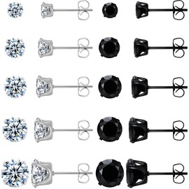 KANOUE 10 Pairs Silver and Black Stud Earrings Set, Hypoallergenic Earrings for Women Studs Set, Stainless Steel Earrings, Cubic Zirconia Earrings Studs