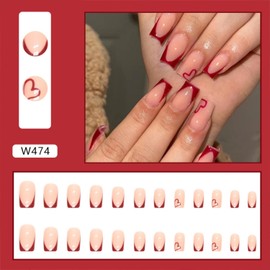 Valentine's Day Press on Nails Short French Tip Fake Nails with Red Heart Design Square Nails Press ons Acrylic Nails Glossy False Nails Full Cover Glue on Nails Stick on Nails for Women 24Pcs