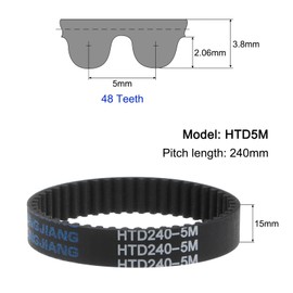 sourcing map HTD5M-240 Rubber Toothed Belt 48 Teeth Closed Loop Pulley Timing Belt 15 mm Width, 240 mm Circumference Synchronous Belt