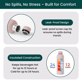 NOBL Stainless Steel Water Bottle,17 oz, 500 ml, Double Wall Vacuum Insulation, Sealed Bottle Keeps Drinks Cold 24 Hrs & Hot 12 Hrs, Leak Proof, Fits Noble Carry-On Cup Holder - Hot Pink