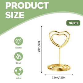 JRYGAC Pack of 30 Gold Place Card Holders, Photo Holder, Card Stand, Menu Card Holder, Photo Holder with Clips, Memo Holder, Place Card Holder for Weddings, Banquets, Parties (Heart Shape)