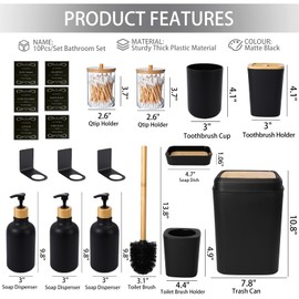 XLHOMO Black and Wood Bathroom Accessories Set 19Pcs, Bathroom Set with Trash Can and Toilet Brush, 3PCS Drill Free 17oz Soap Dispenser Wall Mounted, Toothbrush Holder and Cup, Soap Dish, Qtip Holder