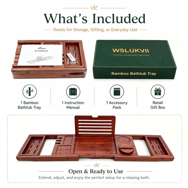 Bamboo Bathtub Tray, Expandable Foldable Bath Caddy, Walnut