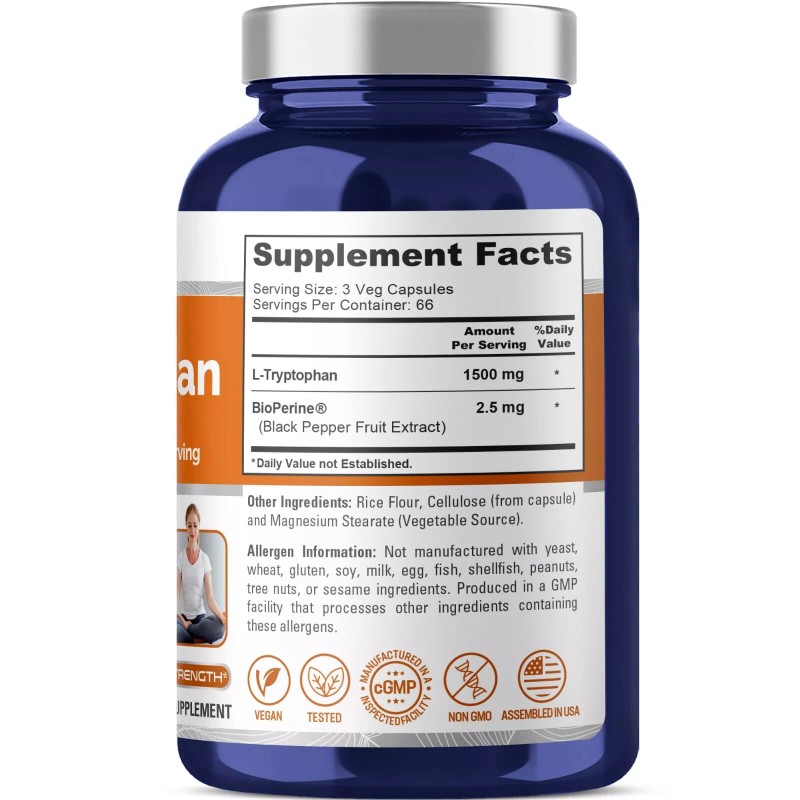 NusaPure L-Tryptophan 1500mg 200 Vegetarian Caps (Non-GMO)