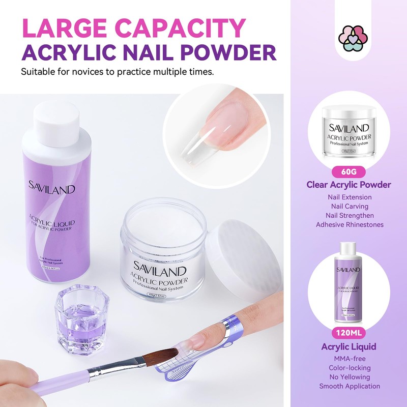 Saviland Acrylic Nail Kit for Starters: 3 Colors Acrylic Powder