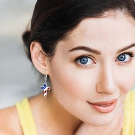 4th of July Earrings for Women 925 Sterling Silver American Flag Dangle Drop Earring Red White Blue Patriotic Cross Patriotic USA Holiday Jewelry Independence Day Gifts for Women