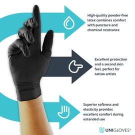 Unigloves Select Black Latex Gloves - Powder Free Disposable Gloves for Beauty, Piercing and Tattoo Artists - Box of 100 Gloves, Black, Medium (GT0023)