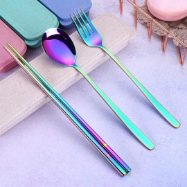 Fullgaden 3 PCS Stainless Steel Travel Camping Flatware Set Chopsticks with Portable Case (Knife,Fork, Spoon), Color