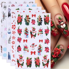 5Sheets Christmas Nail Art Stickers Decals Snowman Elk Christmas Nail Decals 3D Self-Adhesive Snowflake Christmas Nails Design Winter Tree Nail Sticker Xmas Candy Manicure Nail Supplies for Nail Decor