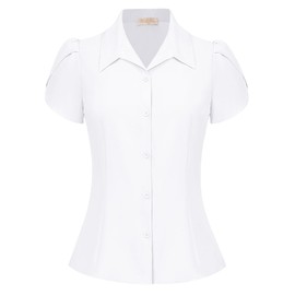 Belle Poque Women's V Neck Puff Sleeve Blouse 1950s Vintage Casual Button Down Shirts Tops White 2XL