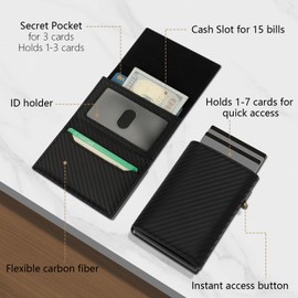 Wallet for Men-RFID Blocking Pop Up Card Holder, Slim Metal Case, Magnetic Closure, 9-14 Card Capacity, ID Window, Cash Slot, Anti-Theft Protection, Minimalist Carbon Fiber Style
