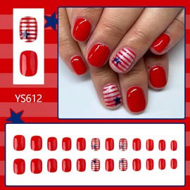 Independence Day Press on Nails Short Square False Nails with American Flag Designs Glossy Red Fake Nails Blue Star Glue on Nails Full Cover 4th of July Artificial Nails for Women Girls Manicure 24Pcs