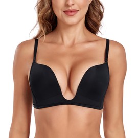 Lemorosy Women's Deep U Plunge Bra Convertible Low Cut Push Up U Shaped Multiway Bra(34D, Black)