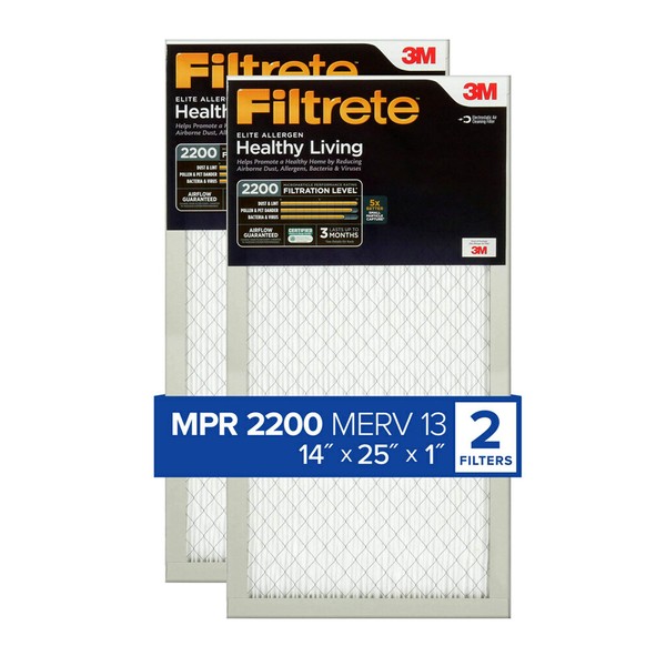 Filtrete 14x25x1 Air Filter MPR 2200 MERV 13, Healthy Living Elite Allergen, 2-Pack (exact dimensions 13.81x24.81x0.78)