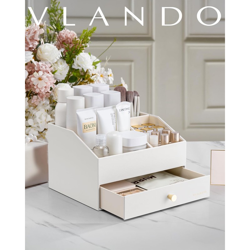 Vlando Makeup Organzier,Vanity Organizer with Drawers, PU Leather Skincare Organizer