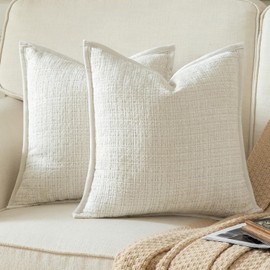 YAERTUN Pack of 2 Chenille Textured Decorative Cushion Covers Accent Solid Throw Pillow Covers Soft Cozy Pillow Case with Velvet Back for Couch Sofa Bed Living Room 18x18 Inch 45x45cm Cream White