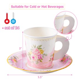 HOMIX 24 Paper Tea Cups and Plates, 7 OZ Disposable Paper Teacups and Saucer Sets for Hot and Cold Drinks for Birthday, Princess, Floral, Tea Party Decorations