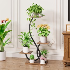 BACEKOLL Plant Stand Indoor with Grow Lights - S-Shaped Plant Shelf, Lighted Corner Plant Stands for Indoor Growing, 32" Metal Flower Holder, 4 Tiered Decorative Shelves for Home, Hallway, Black