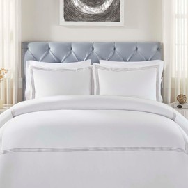 SUPERIOR Embroidered Cotton Duvet Cover Set, Soft Bedding Covers, 1 Duvet Cover with Button Closure, 2 Pillow Shams, Three-Line Design, Brandon Collection, Full/Queen, White-Silver