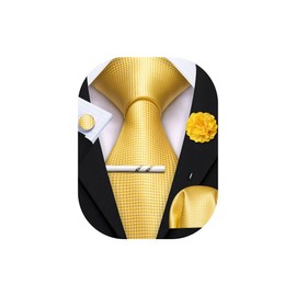 Barry.Wang Yellow Clip on Tie with Tie Clip Lapel Pin for Men Plaid Zipper Extra Long Pre-Tied Necktie Pocket Square Wedding Party Business