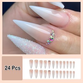 ANDGING White Press on Nails Stiletto Medium Length Fake Nails with Glue Acrylic Ombre Glitter Long fake nails with Designs Gel Manicure False Nail for Women Stick ons Nails for Girls Wedding