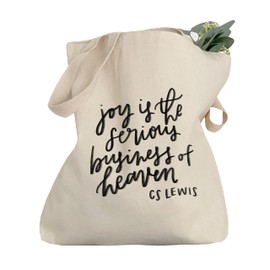 Christian quote tote bag by swaygirls | Canvas shopping bag | Canvas tote as a religious gift | Reusable shopping bag with a CS Lewis quote about joy