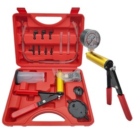 SHMZK Hand Held Vacuum Pump Brake Bleeder Kit, Brake Bleeder Pressure Tester Hand Vacuum Pump with Gauge Adapters, Brake Fluid Bleeding Set with Protected Case for Car Truck Bike (Red)