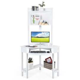 MEDIMALL Corner Computer Desk with Hutch, Home Office Desk with Keyboard Tray & Storage Shelves, Triangle Study Writing Desk with Bookshelves, Workstation Desk for Small Space (White)