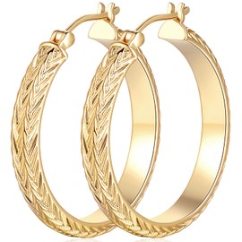 Aidomiya Gold Earrings 14k Gold Hoop Earrings for Women Large Chunky Hoop Earring with a V-Shaped Engraved Design Women’s Hoops Earring 25 MM /30 MM